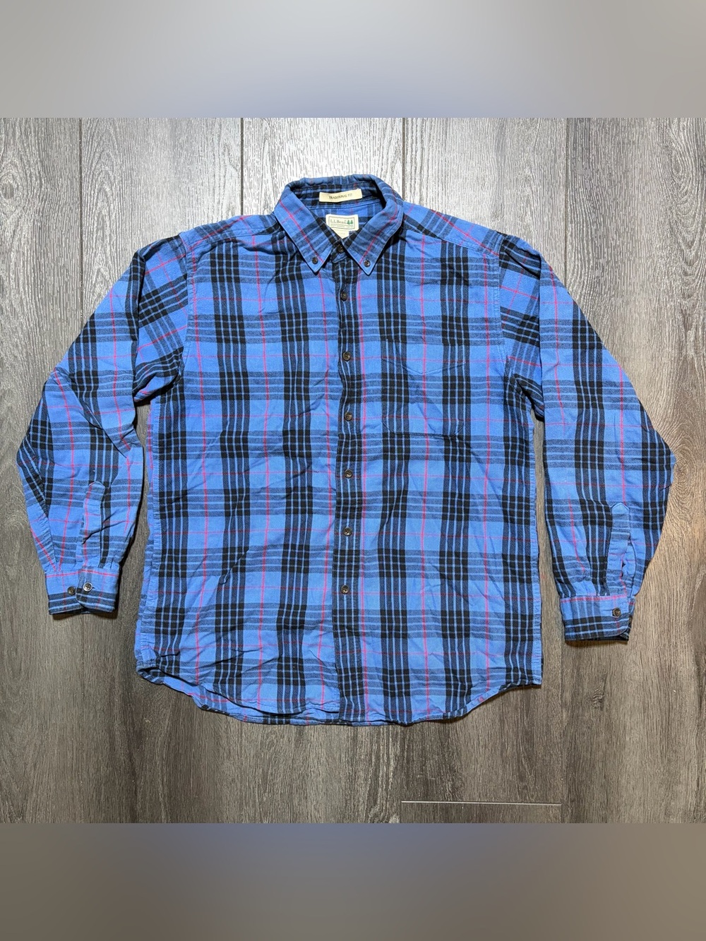 LL Bean Traditional Fit Blue Tartan Scotch Plaid Cotton Flannel Shirt Men Medium